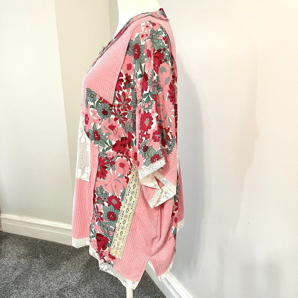POL Patchwork Tunic Top Sz Medium Pink Floral Lac… - image 2